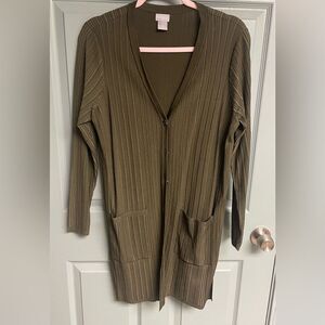 Ladies Chico, open front cardigan with pockets, color, olive green, size 1